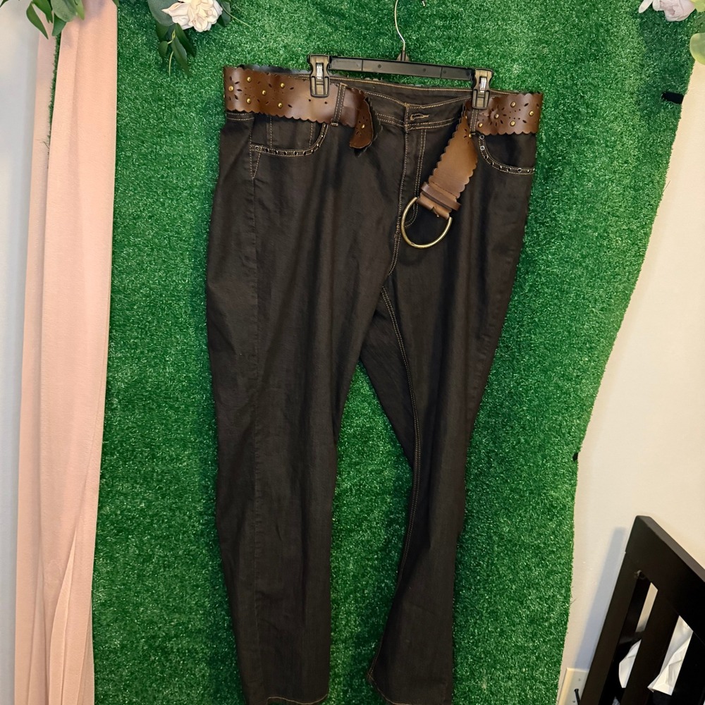 NWT Ashley Stewart Dark Wash Jeans Studded Floral Belt O Ring Y2K Plus Size 20